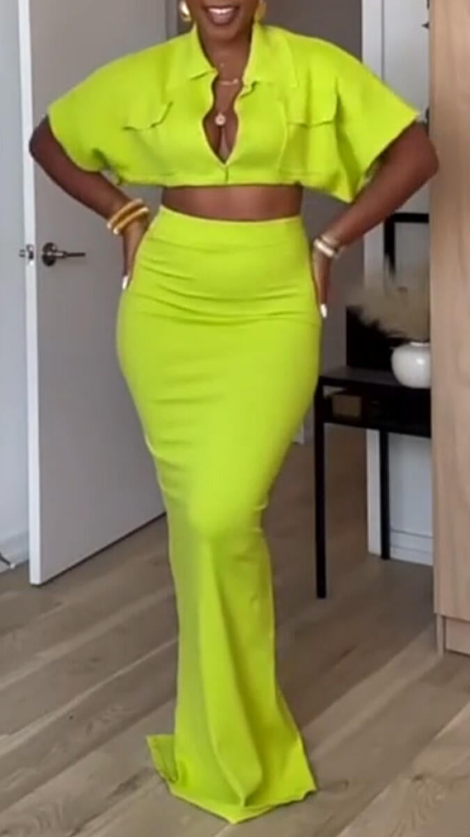 Ladies' Lapel Short Top+skirt Commuting Style Set