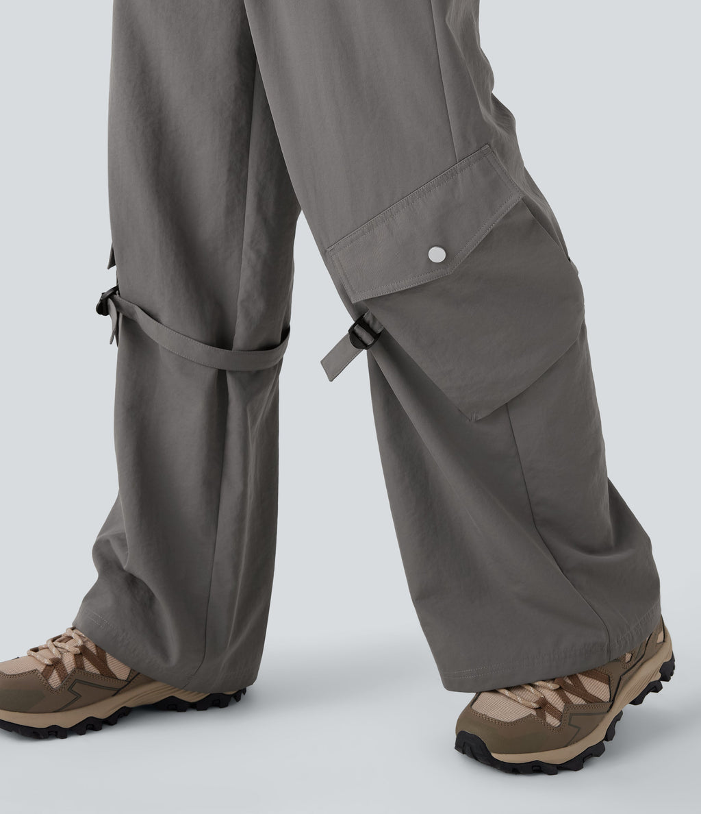 Mid Rise Belted Wide Leg Hiking Cargo Pants with Pockets
