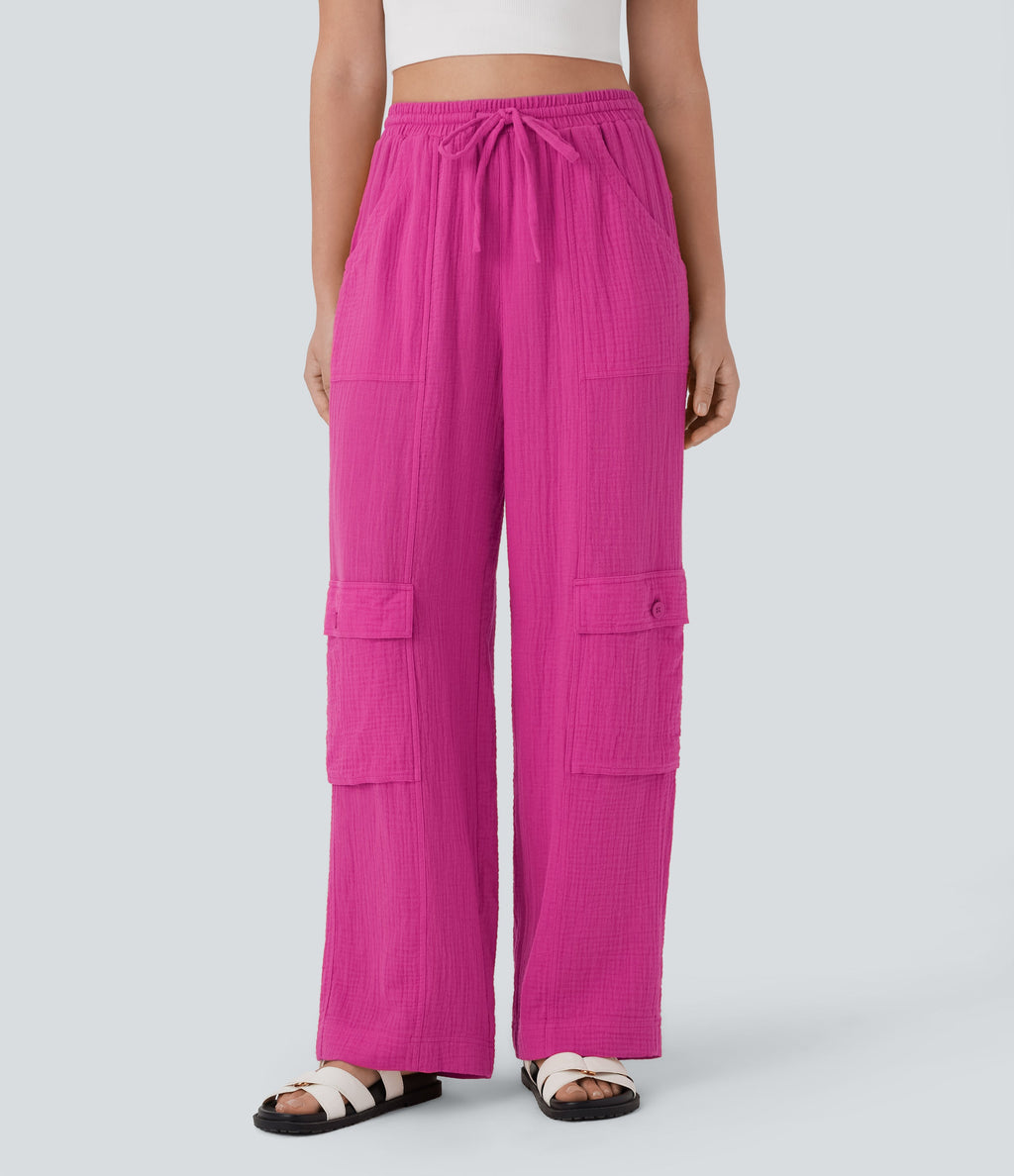 High Waisted Drawstring Wide Leg Cargo Casual Cotton Pants with Pockets