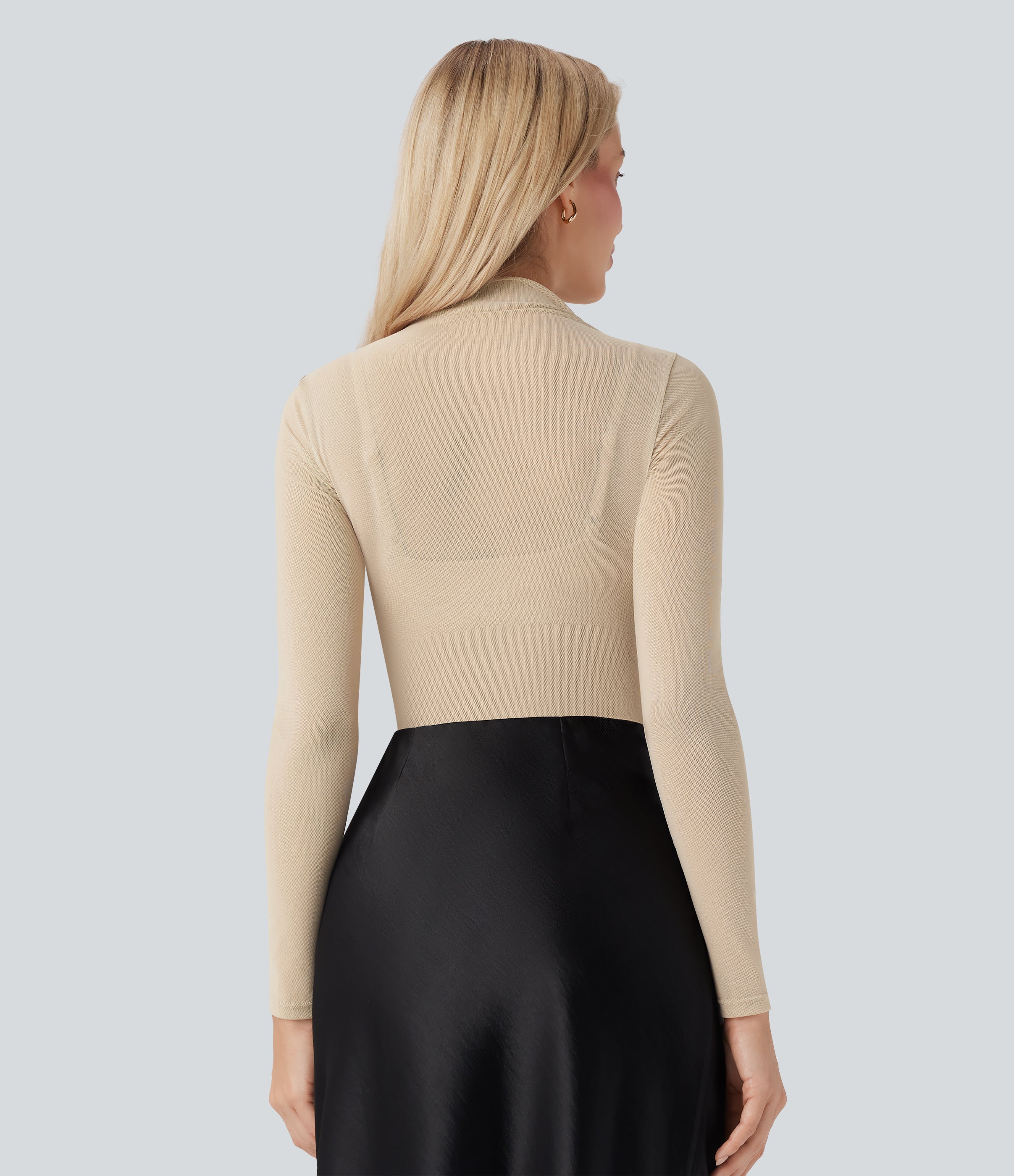 Sheer Mesh Mock-neck Snap Casual Bodysuit
