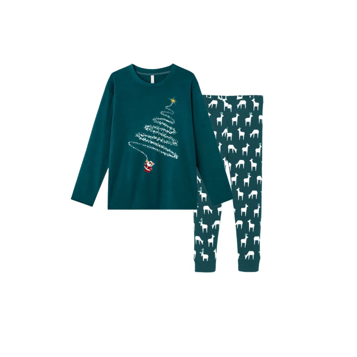 Christmas Family Matching Pajamas-Dark Green&Deer Patterned Pjs Set with Christmas Tree & Santa Pattern Print