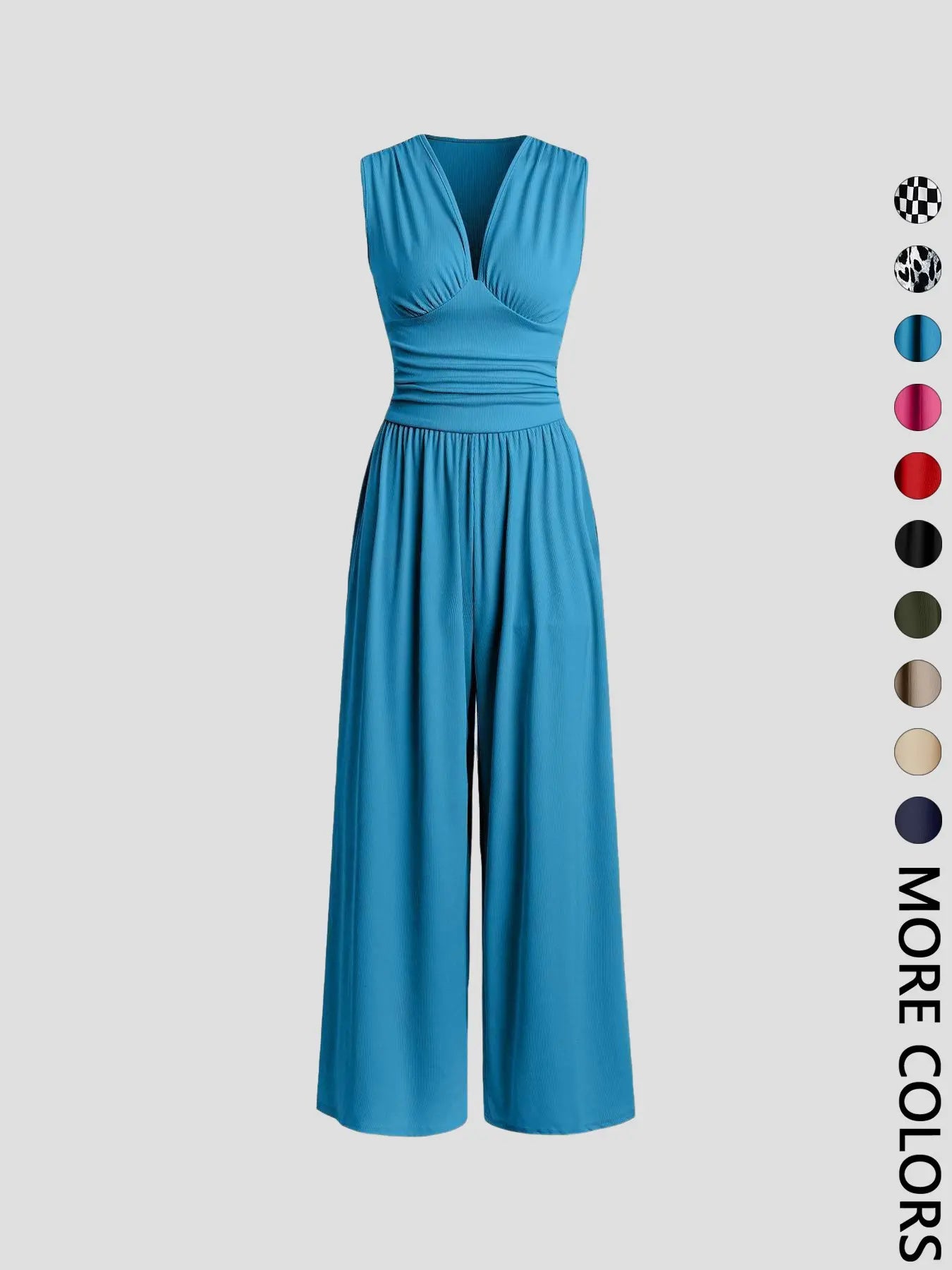 Women's Ruched Deep V Neck Wide Leg Jumpsuit