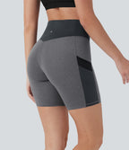 High Waisted Color Block Contrast Mesh Quick Dry Yoga Biker Shorts 7'' with Pockets
