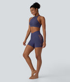SoftlyZeroTM High Waisted Crossover Contrast Lace Built-in Underwear Yoga Biker Shorts 5'' with Pocket-UPF50+