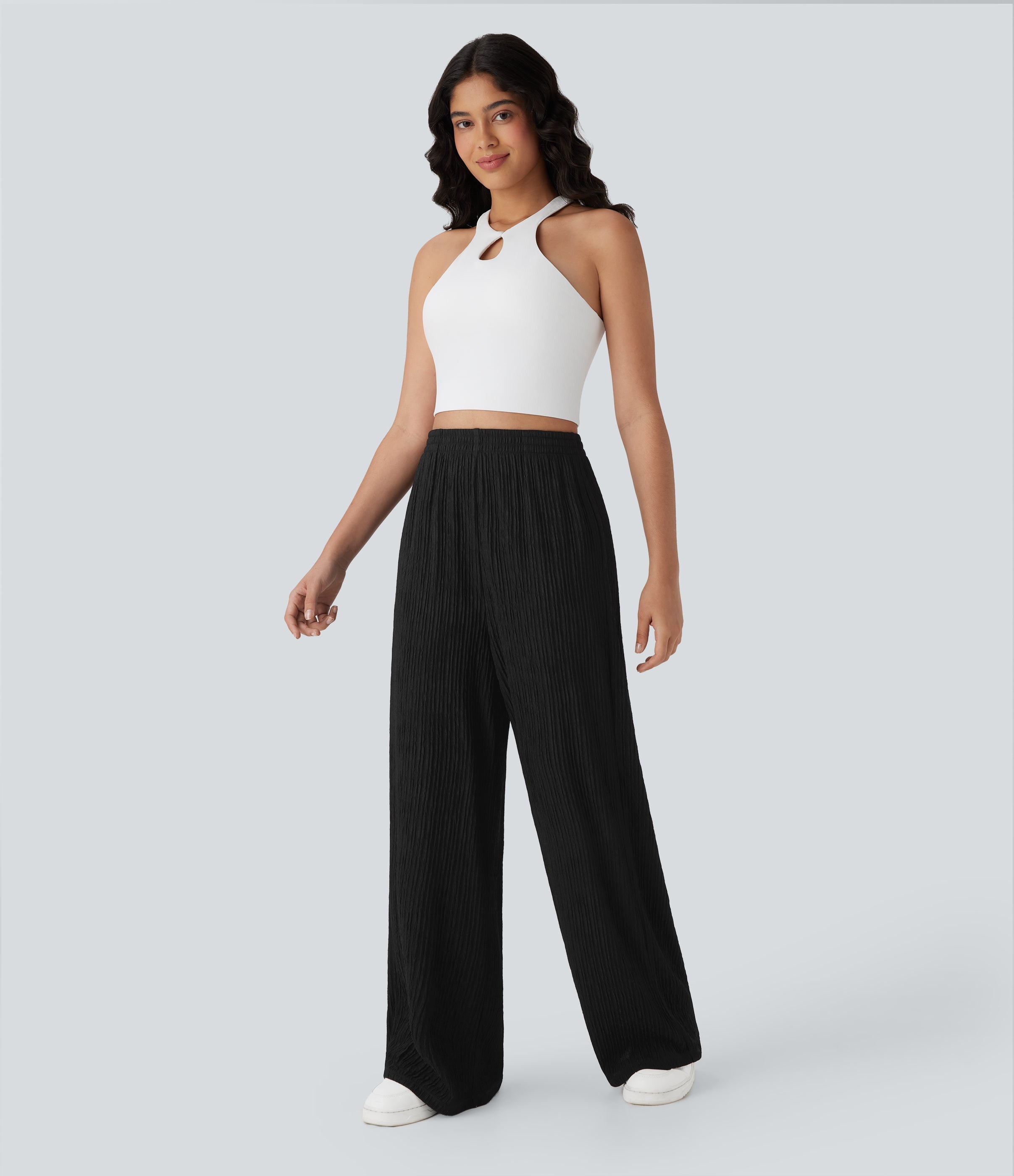 High Waisted Straight Leg Crinkle Casual Pants with Pockets