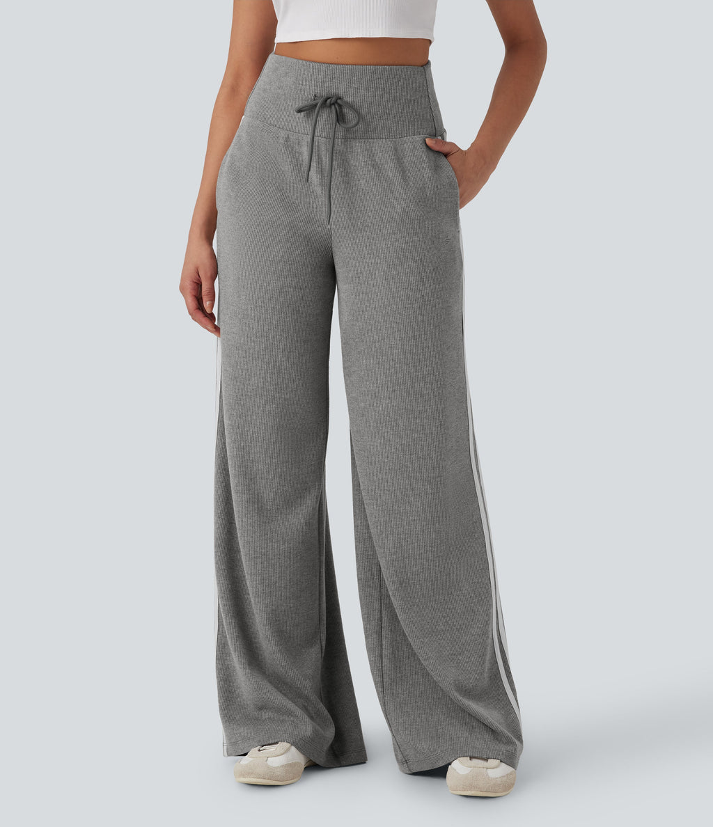 2026🔥 Ribbed SoCinched High Waisted Tummy Control Drawstring Wide Leg Color Block Casual Trousers with Pockets