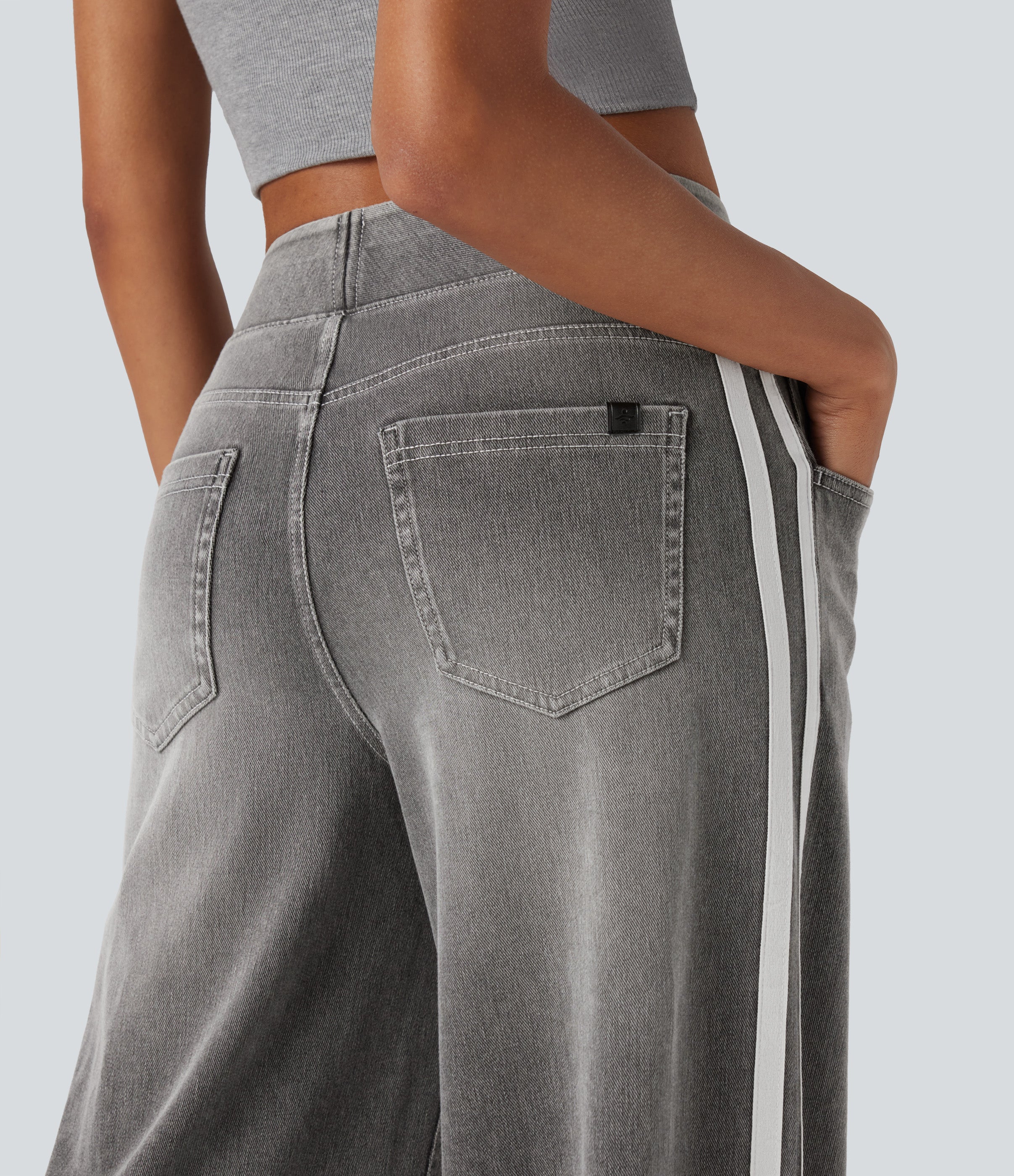 FlexTM High Waisted Stripe Wide Leg Flowy Washed Casual Jeans with Pockets
