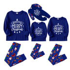 Christmas Family Matching Pajamas-Cozy Blue Pjs Set with "Wish You A Merry Christmas" Slogan Print
