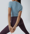 Round Neck Short Sleeve Contrast Mesh Cropped Yoga Sports Top