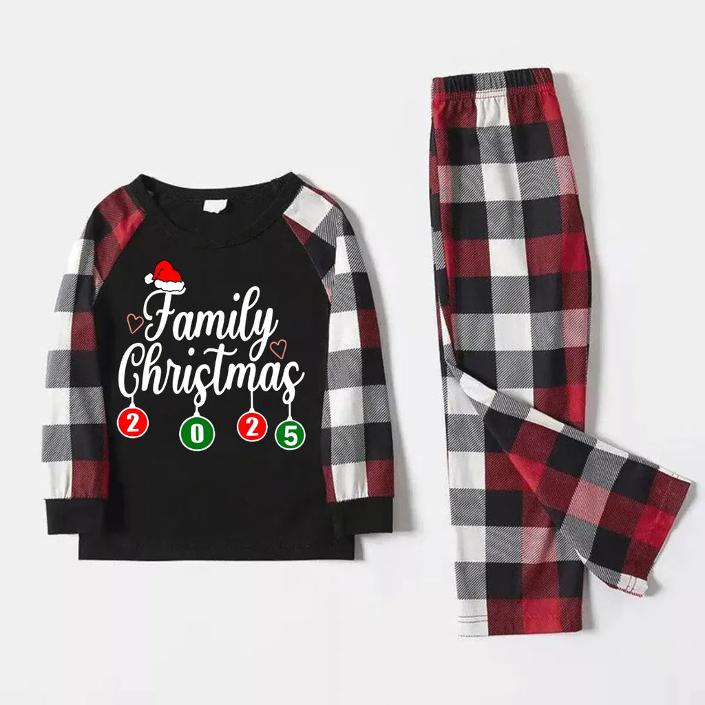 "Family Christmas 2025" Letter Printed Red & Black & Grey & White Plaid Family Matching Pajamas