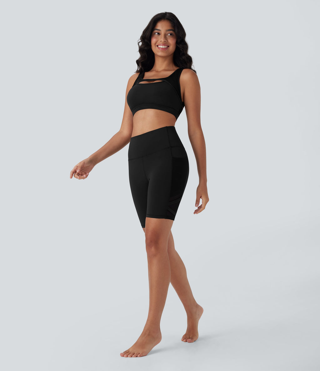 SpeedWaveTM High Waisted Contrast Mesh Quick Dry Yoga Biker Shorts 7'' with Pockets