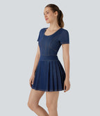 FlexTM Pleated Hem 2-in-1 Cool Touch Washed Denim Tennis Active Dress with Pockets
