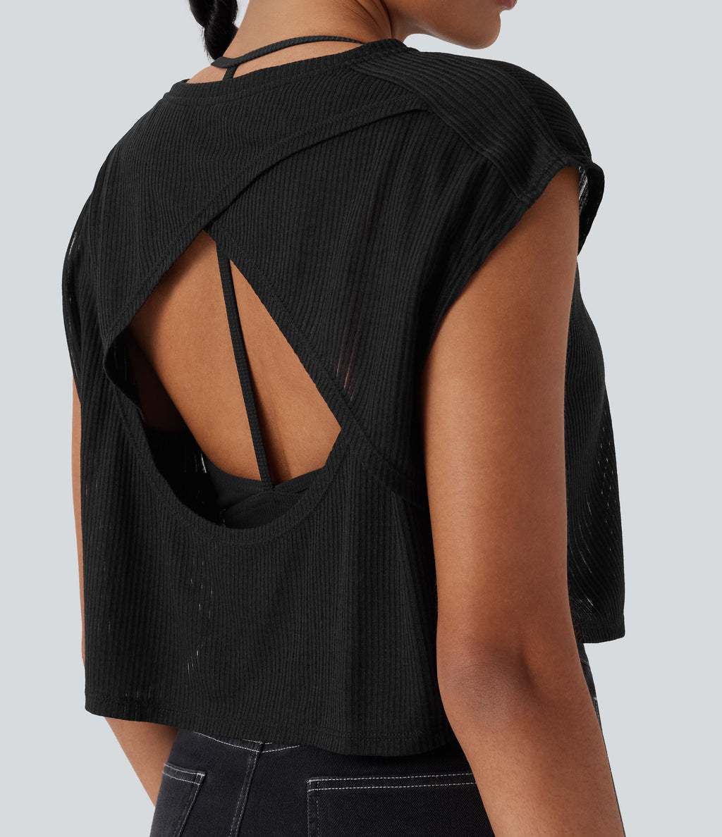 Round Neck Cap Sleeve Cut Out Casual Top