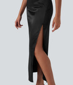 Boat Neck Cap Sleeve Ruched Satin Dress