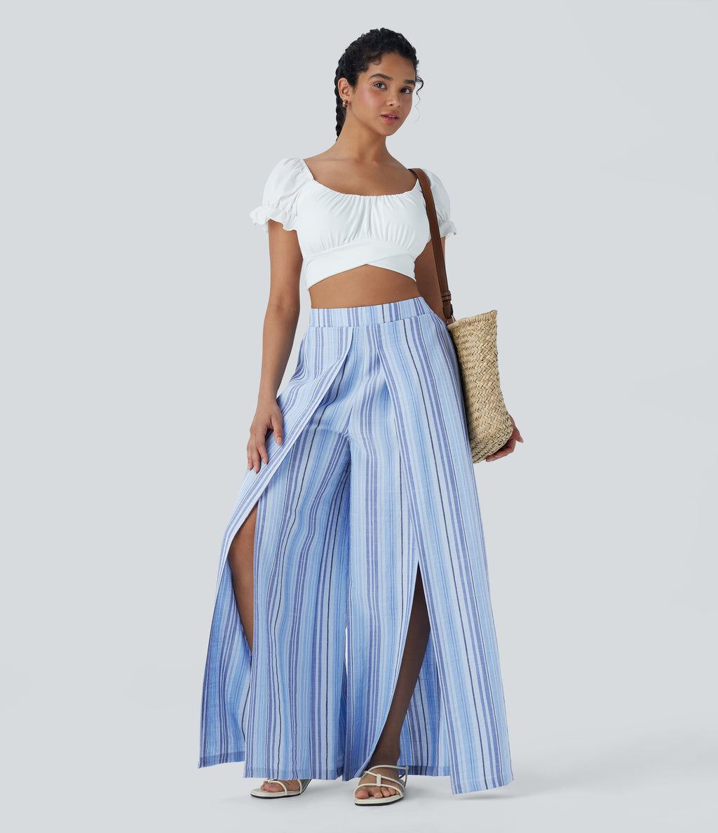 High Waisted Stripe Wide Leg Linen-Feel Pants with Pockets