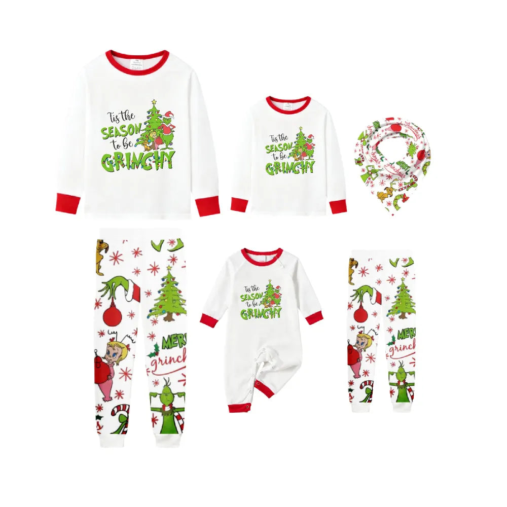 Family Christmas White Pajamas Set With Classic Xmas Pattern Design