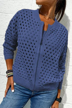 Women’s Casual Hollow Knitwear Zipper Jacket, Crochet Fishnet Knit Shrugs Sweater Jacket Lightweight Cardigans Sweater