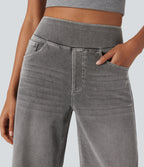 FlexTM High Waisted Stripe Wide Leg Flowy Washed Casual Jeans with Pockets