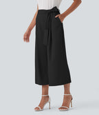 High Waisted Belted Wide Leg Cropped Work Pants with Pockets