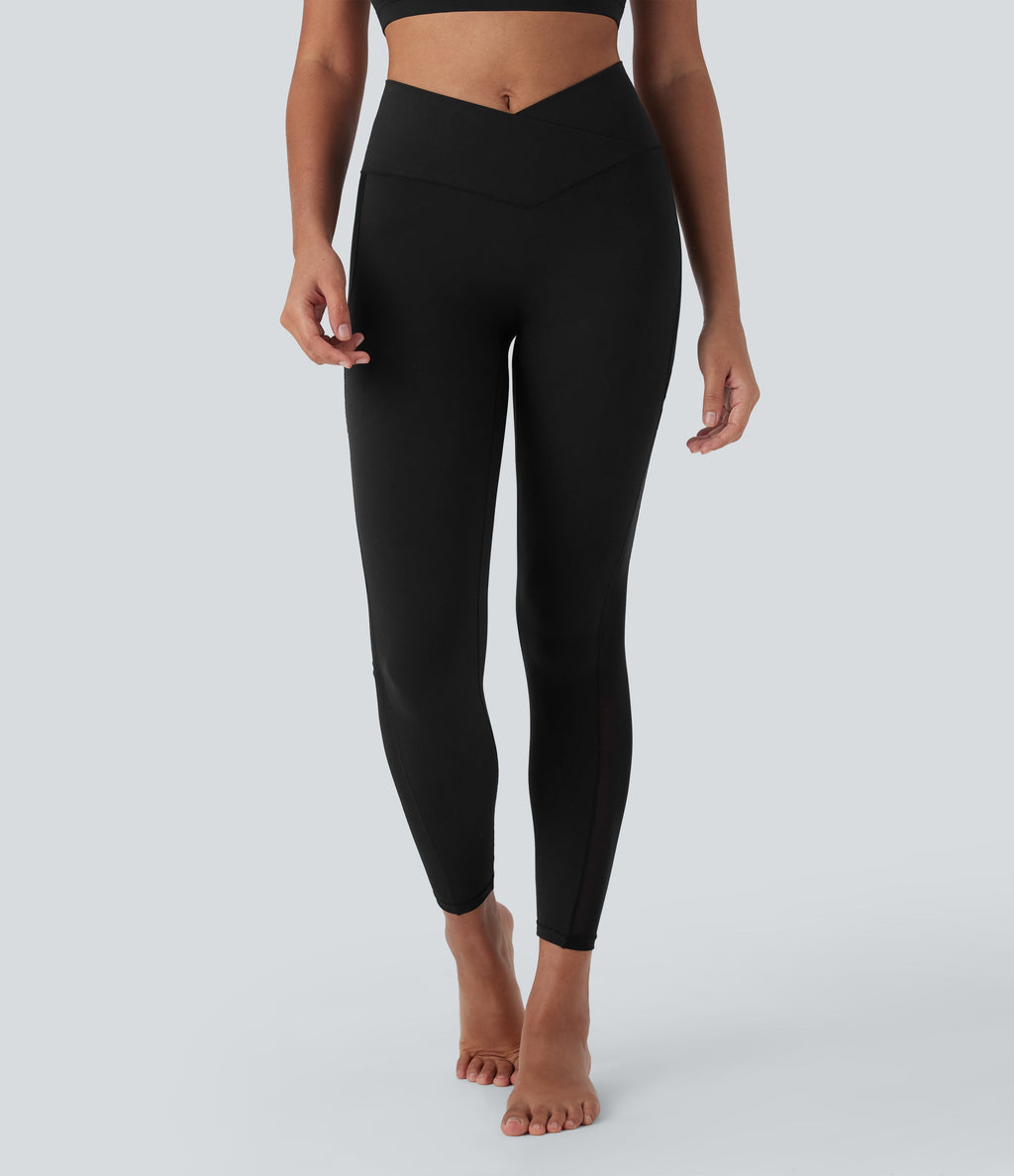 SoftlyZeroTM Crossover High Waisted Contrast Mesh Yoga Leggings with Pocket-UPF50+