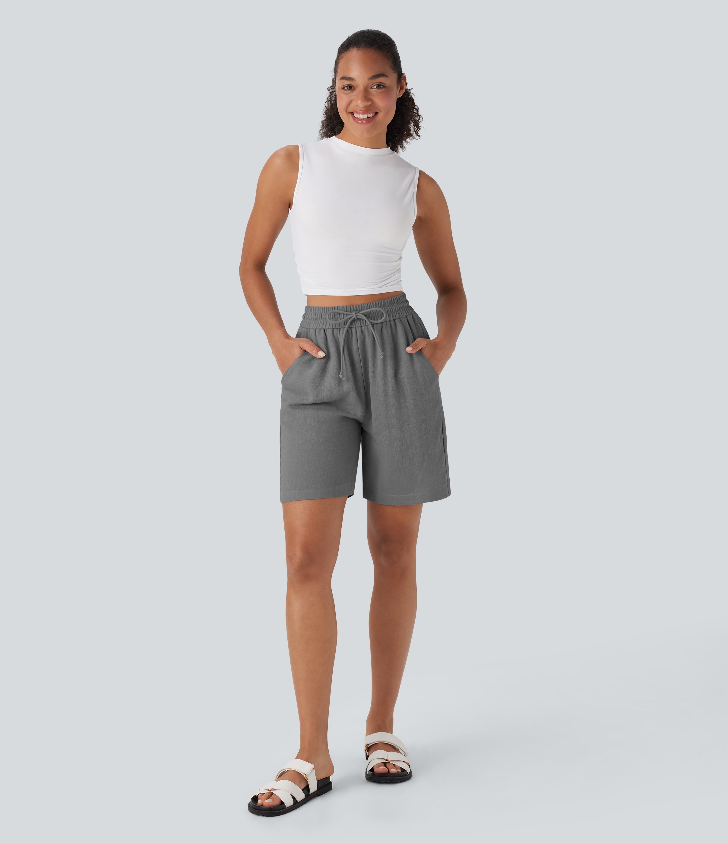 High Waisted Drawstring Casual Linen-Feel Shorts with Pockets