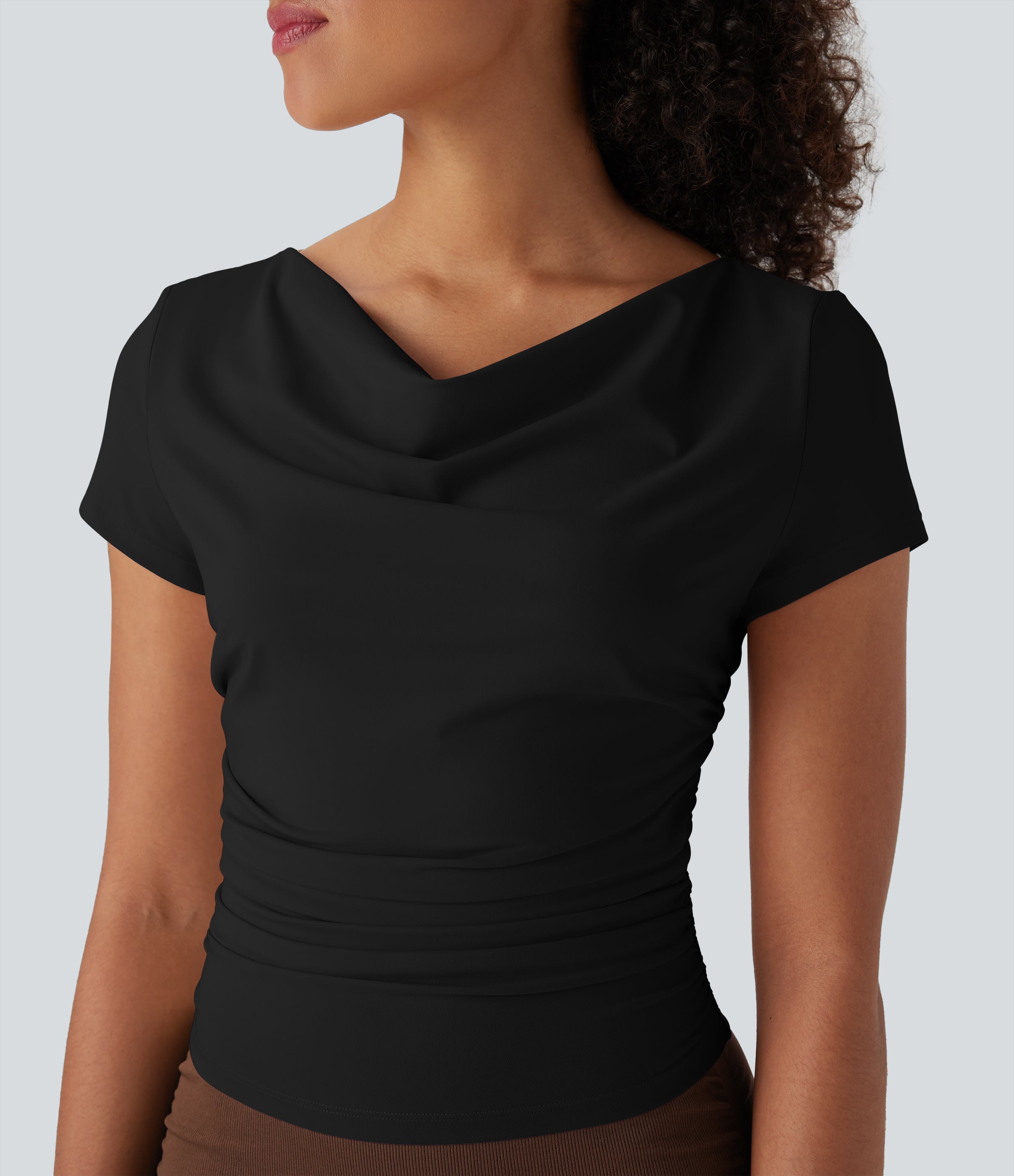 Cowl Neck Short Sleeve Ruched Yoga Top