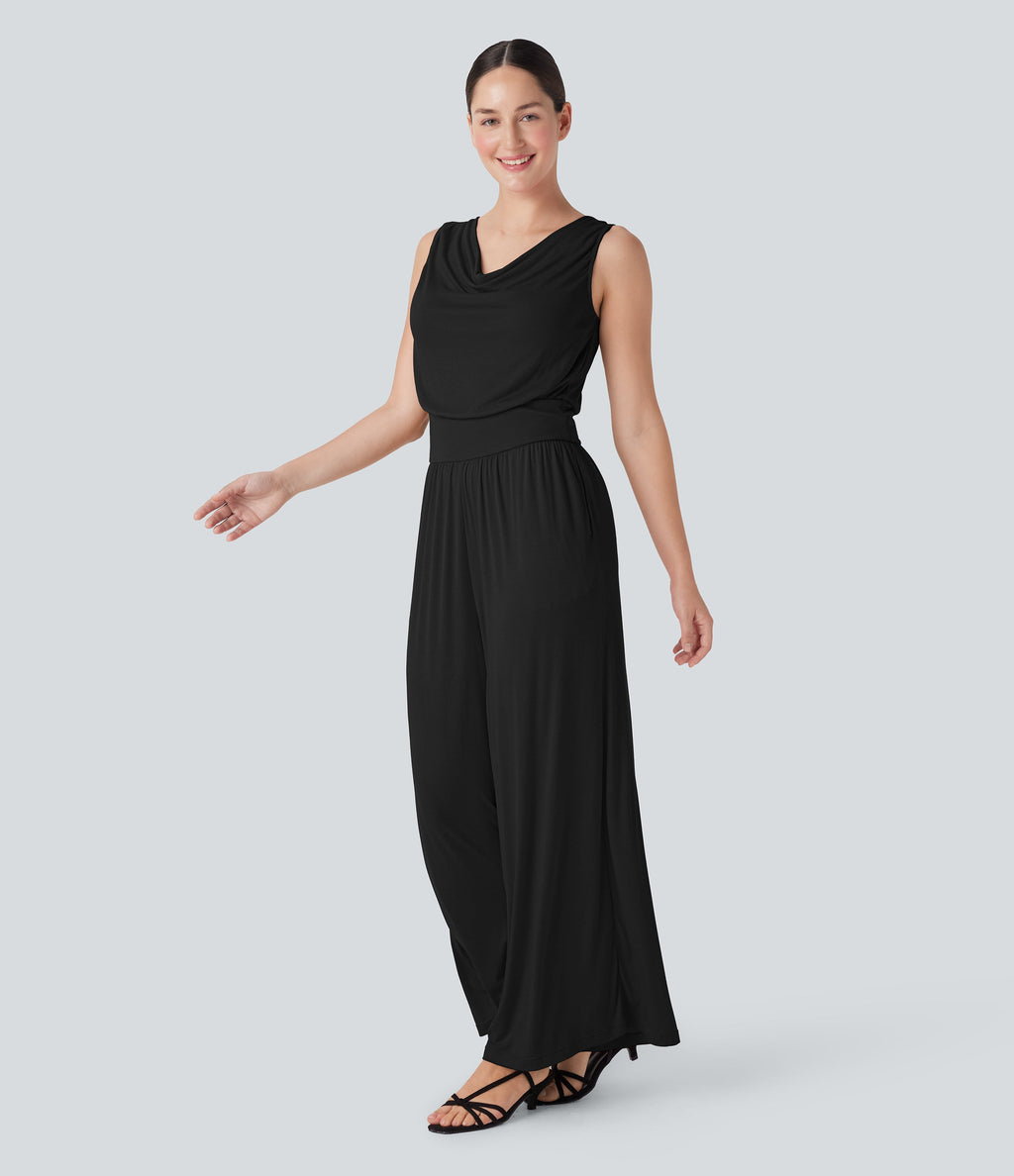 Ribbed Cowl Neck Sleeveless Wide Leg Casual Jumpsuit with Pockets