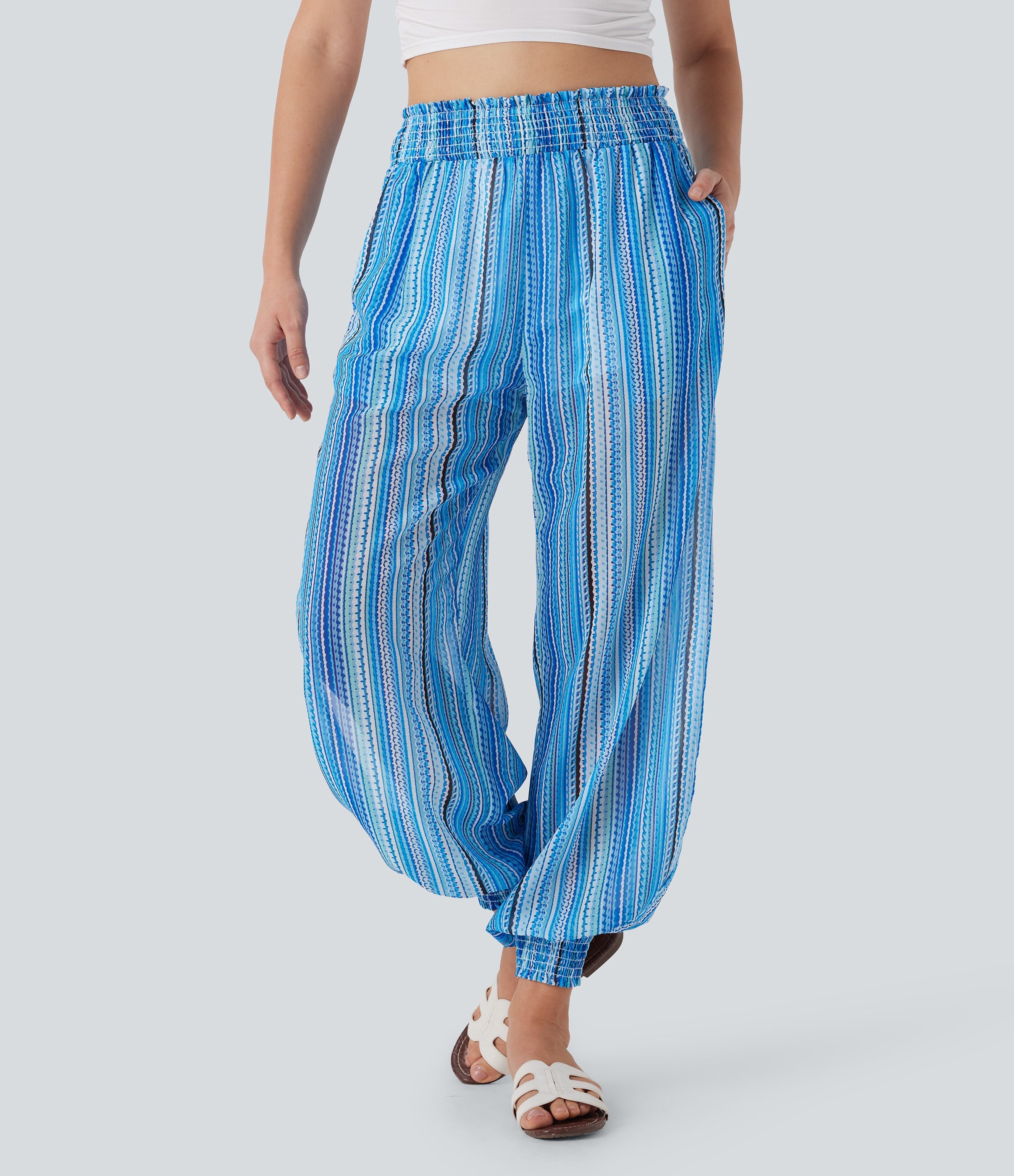 High Waisted Shirred 2-in-1 Stripe Casual Joggers with Pockets