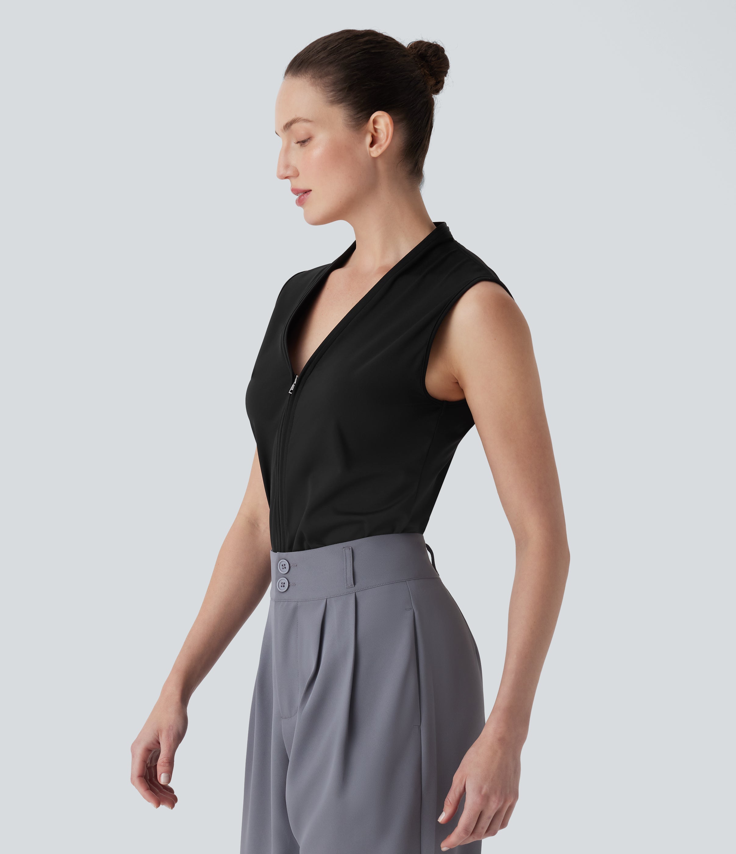 SoftlyZeroTM Airy V Neck Zipper Sleeveless Cool Touch Work Blouse-UPF50+