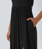 Ribbed Tie Back Ruched Maxi Slip Dress with Pockets