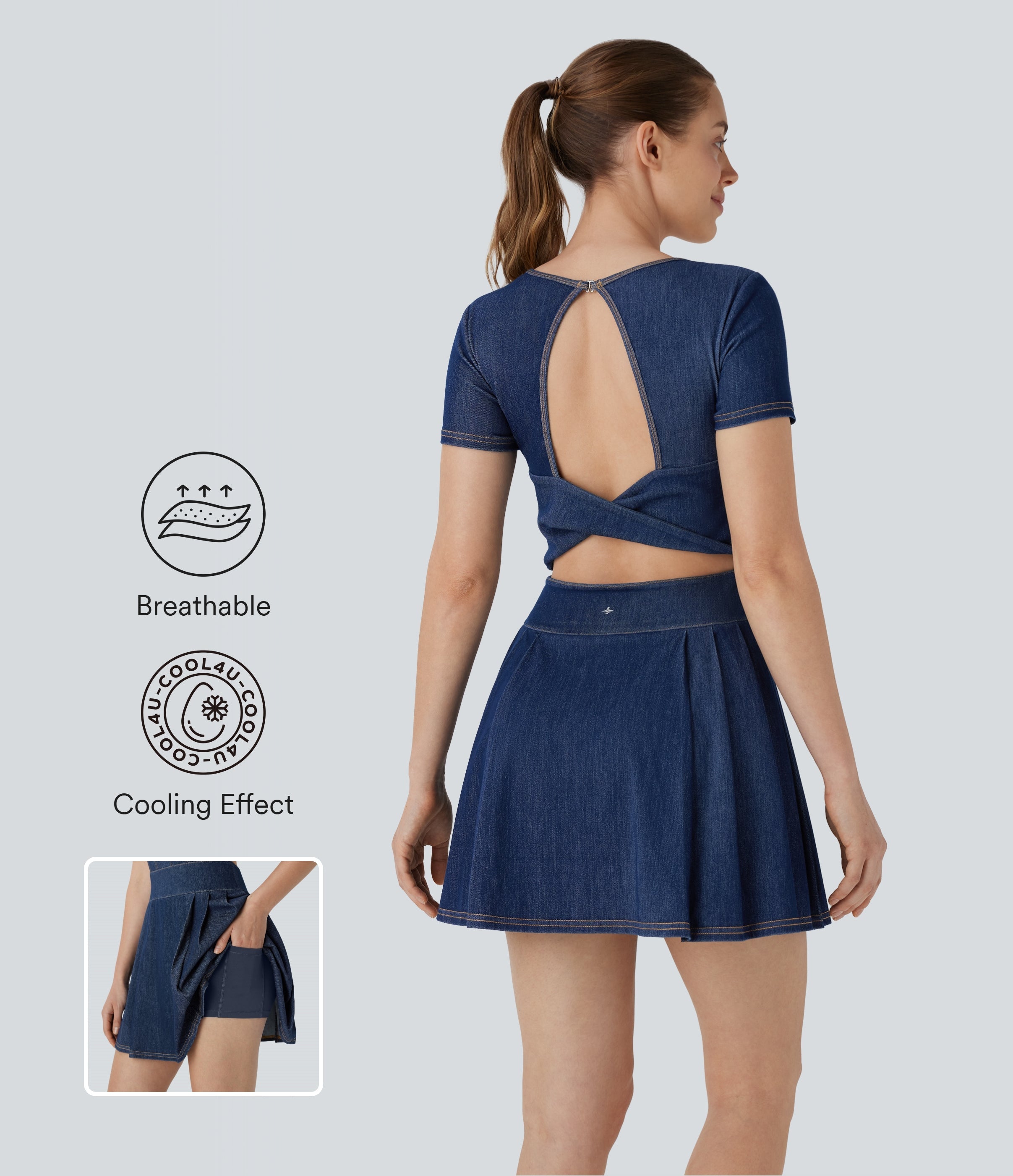 FlexTM Pleated Hem 2-in-1 Cool Touch Washed Denim Tennis Active Dress with Pockets
