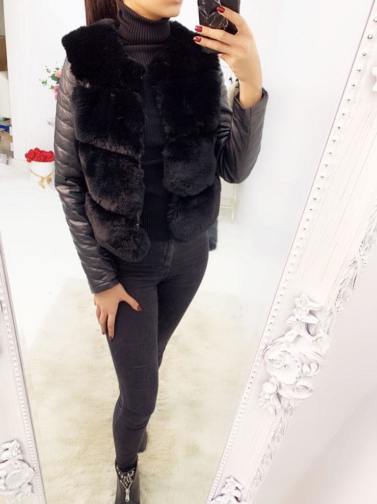 Berlin Black Faux Fur Faux Leather Sleeve Jacket