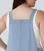 FlexTM V Neck Washed Denim Casual Plus Size Overalls with Pockets