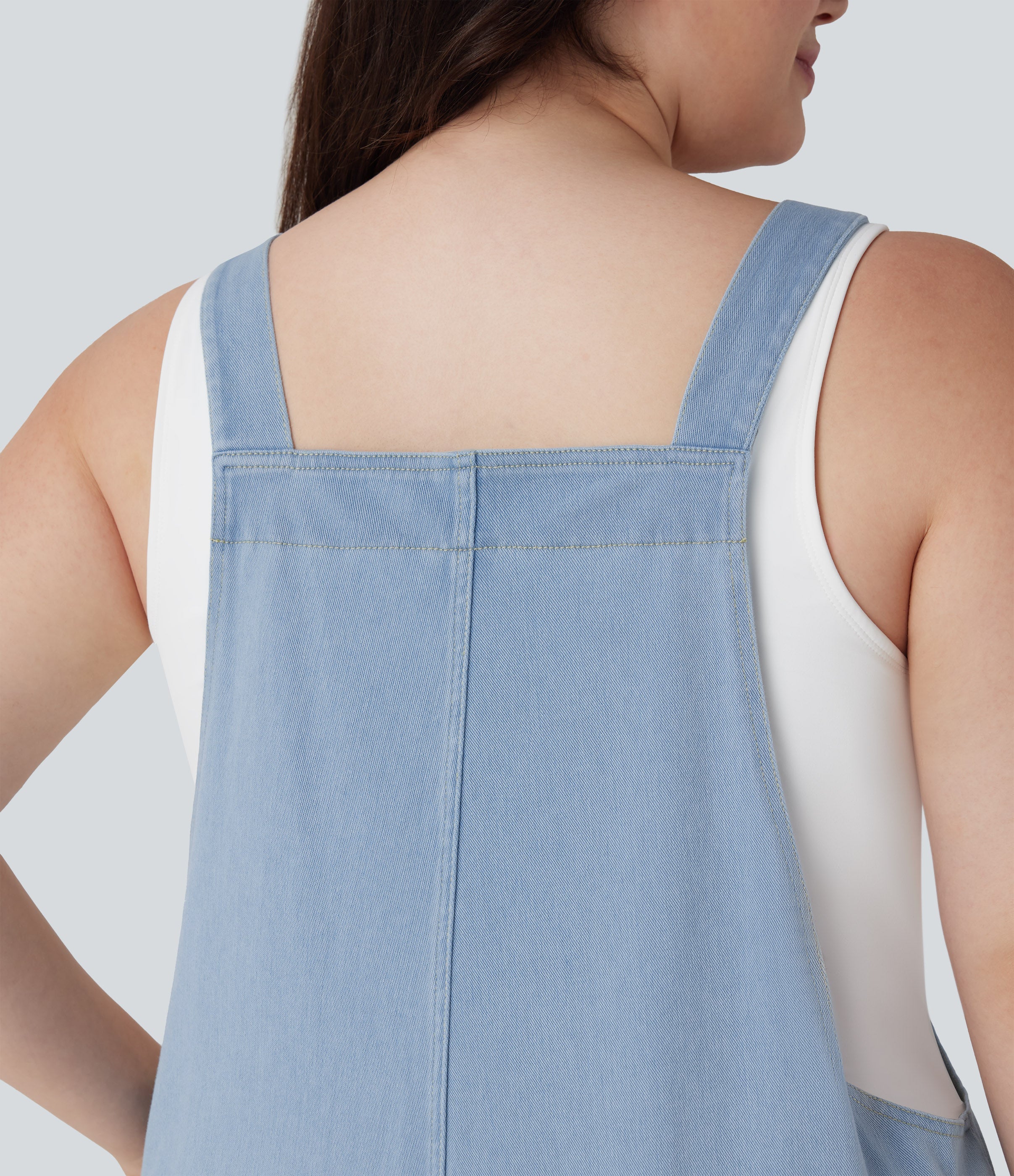 FlexTM V Neck Washed Denim Casual Plus Size Overalls with Pockets