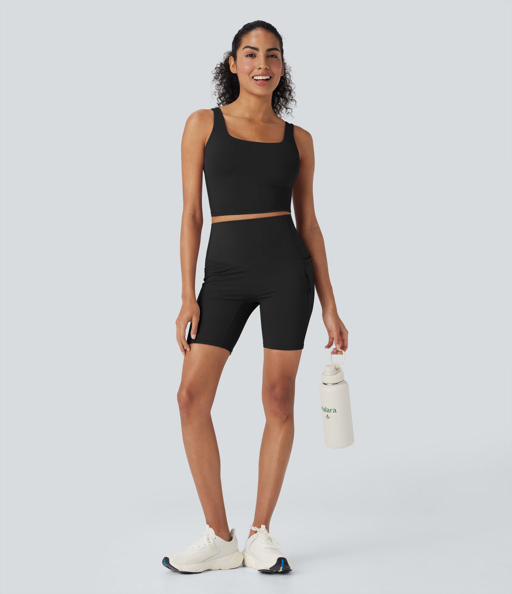 UltraSculptTM Cool Quick Dry SoCinched High Waisted Tummy Control Hiking Biker Shorts 7'' with Pockets-UPF 50+