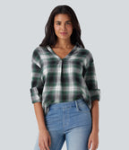 V Neck Curved Hem Plaid Casual Blouse