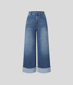 FlexTM High Waisted Multiple Pockets Rolled Hem Wide Leg Washed Stretchy Knit Casual Jeans