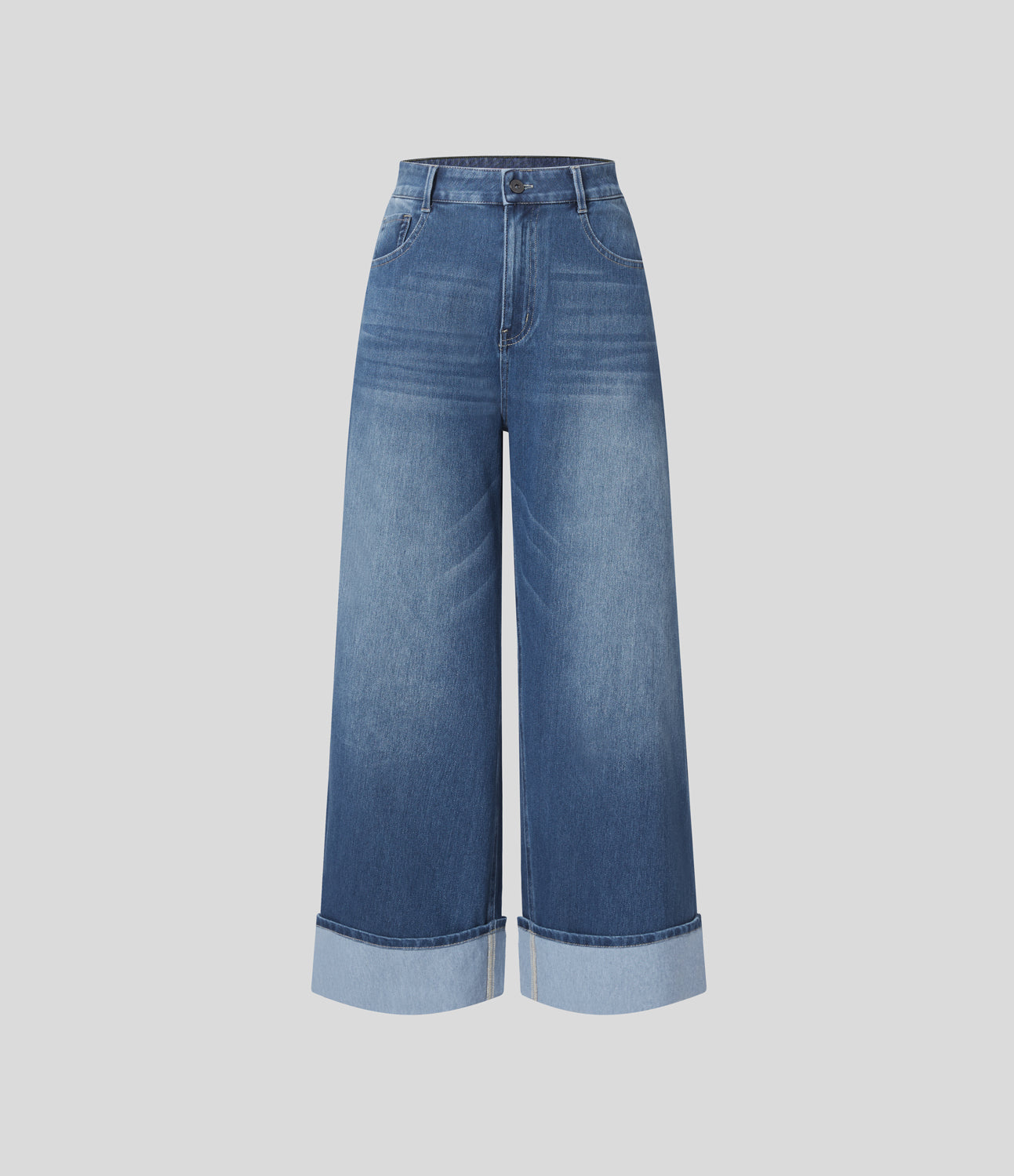 FlexTM High Waisted Multiple Pockets Rolled Hem Wide Leg Washed Stretchy Knit Casual Jeans