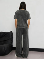 Women's Rock Style "NIRVANA" Graphic Print Cotton Co-ord Set, Vintage Distressed Short Sleeve T-shirt and Trousers Two-piece Set Outfit, Casual Round Neck T-shirt and Elastic Trousers, Summer Everyday Wear