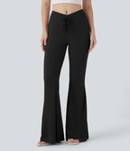 V Shaped Mid Rise Drawstring Flowy Casual Flare Pants