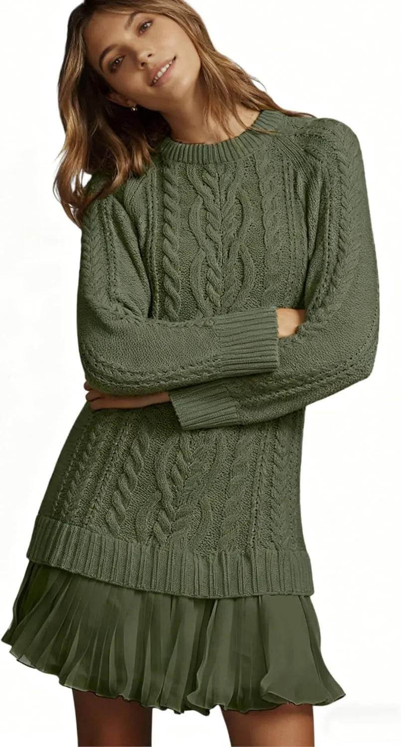 Women Cable Knit Sweater Dress Crewneck Long Sleeve Pleated Mini Dress Twofer Style Patchwork Dress