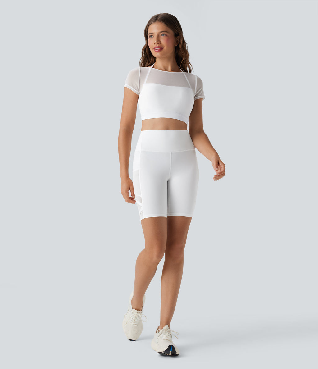 Halter Short Sleeve Contrast Mesh 2-in-1 Cropped Yoga Sports Top