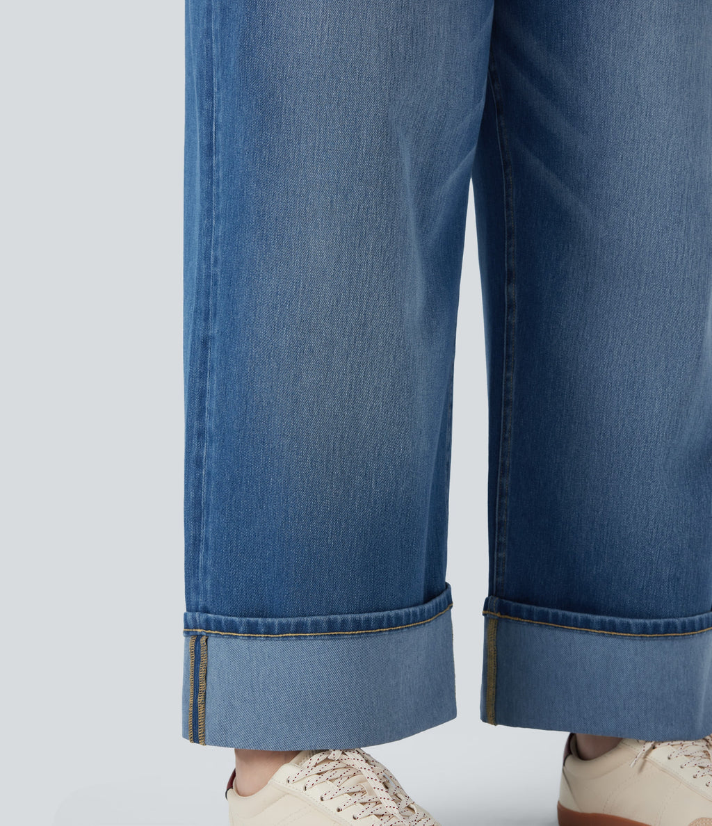 Plus Size FlexTM High Waisted Wide Leg Rolled Hem Washed Stretchy Knit Casual Jeans with Pockets