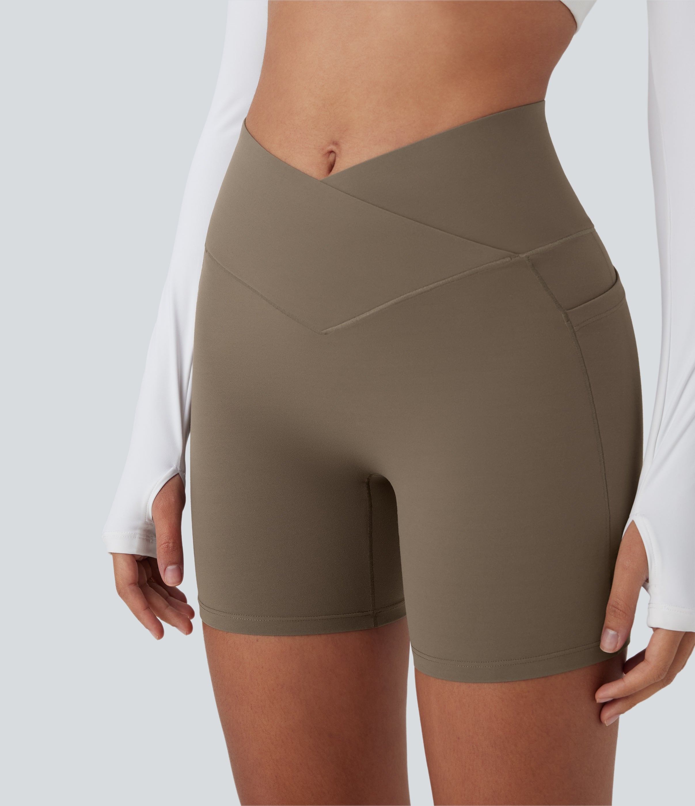 UltraSculptTM High Waisted Crossover Tummy Control Butt Lifting Yoga Biker Shorts 5'' with Pockets