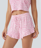 Mid Rise Drawstring Ruffle Hem Leopard Print Lounge Shorts