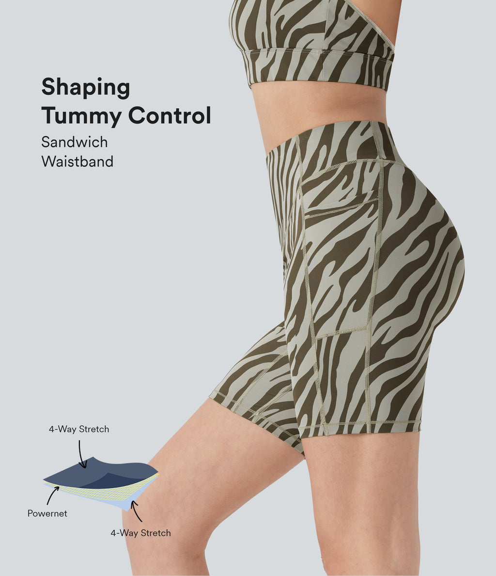 SoCinched High Waisted Tummy Control Zebra Print Training Biker Shorts 7'' with Pockets