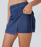 FlexTM High Waisted 2-in-1 Cool Touch Washed Denim Mini Tennis Skirt with Pocket