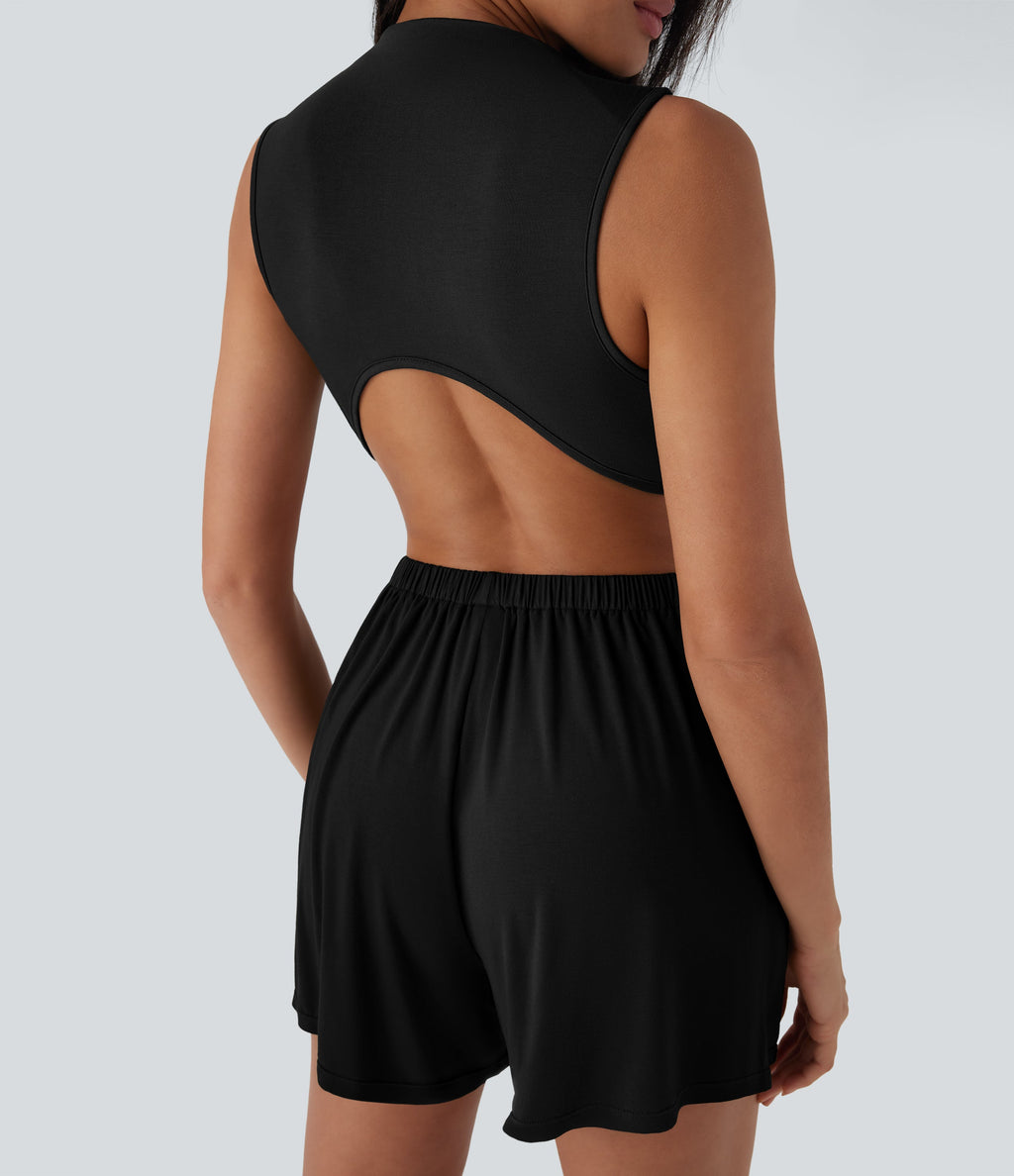 Mock-Neck Sleeveless Casual Jumpsuit with Pockets-Easy Peezy