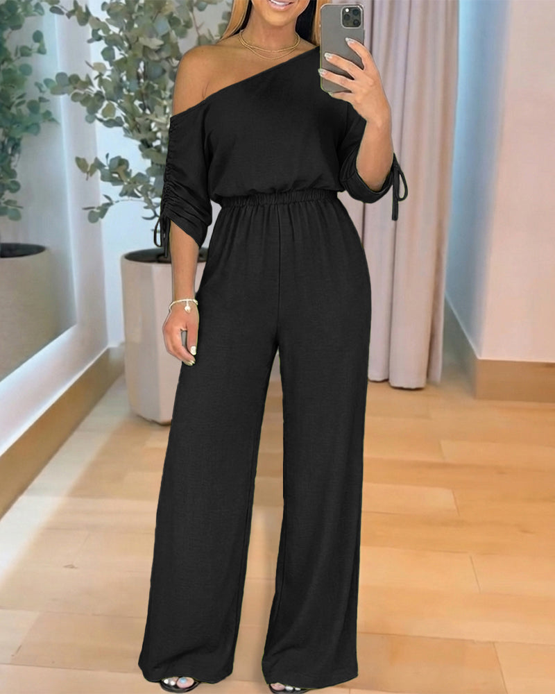 Stretchy Skew Neck Drawstring Sleeve Elastic Waist Overalls Casual High Waist Wide Leg Jumpsuit