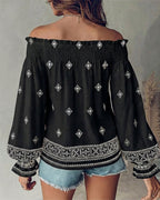 Vintage Tribal Placement Print Shirred Off Shoulder Flared Cuffs Blouse Casual Frill Trim Boho Top